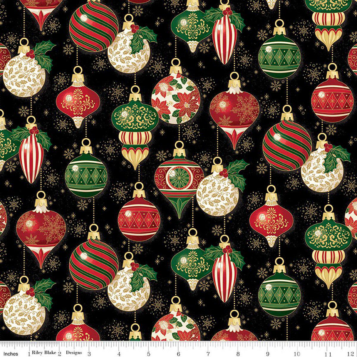 Poinsettias at Christmas Ornaments in Black Foil- 1/2 Yard Increments, Cut Continuously - by Jennifer Bosworth for Riley Blake Designs