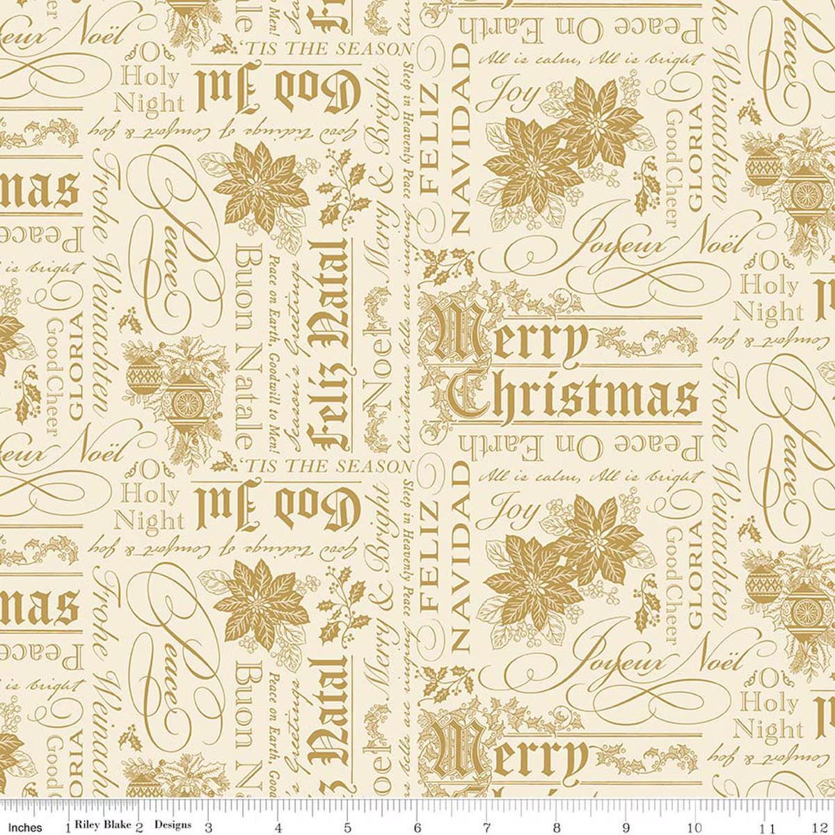 Poinsettias at Christmas Text in Cream Foil- 1/2 Yard Increments, Cut Continuously - by Jennifer Bosworth for Riley Blake Designs