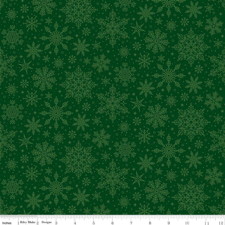 Poinsettias at Christmas Snowflakes in Green- 1/2 Yard Increments, Cut Continuously - by Jennifer Bosworth for Riley Blake Designs