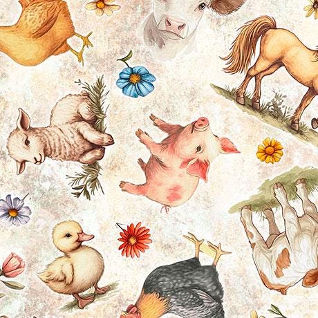 Lil Farmers Farm Animal Toss in Oatmeal- 1/2 Yard Increments, Cut Continuously - by Morris Creative Group for QT Fabrics