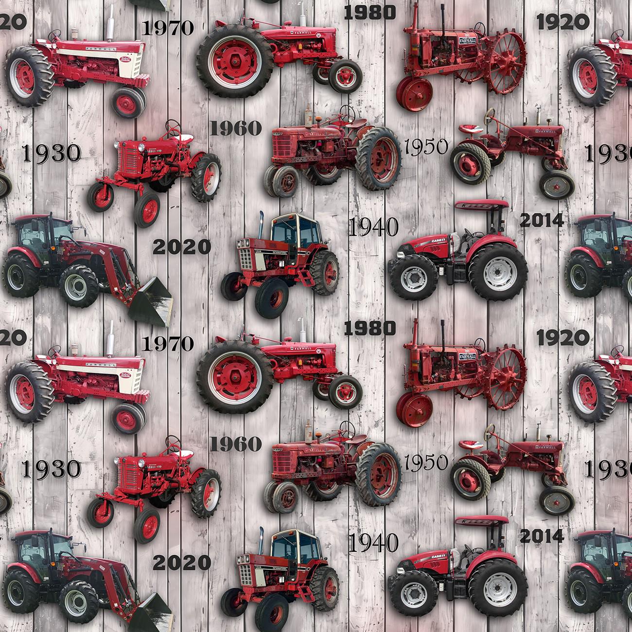 Farmall Tractors in Gray and Red - 1/2 Yard Increments, Cut Continuously - by Sykel Enterprises