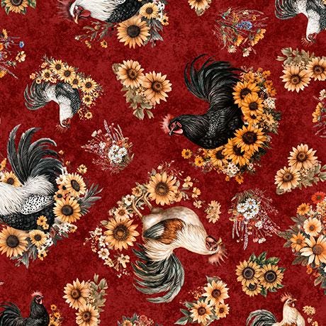 Rule The Roost Tossed Roosters and Flowers in Brick - 1/2 Yard Increments, Cut Continuously - by Morris Creative Group for QT Fabrics