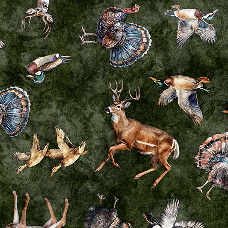 Forest, Field, and Stream Wildlife Toss in Pine - 1/2 Yard Increments, Cut Continuously - by Morris Creative Group for QT Fabrics