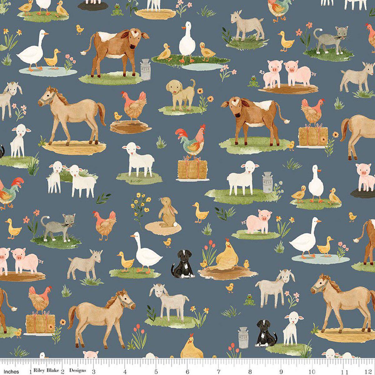 Lil Farm Friends Animals on the Farm in Thunder - 1/2 Yard Increments, Cut Continuously - by Tara Reed for Riley Blake Designs