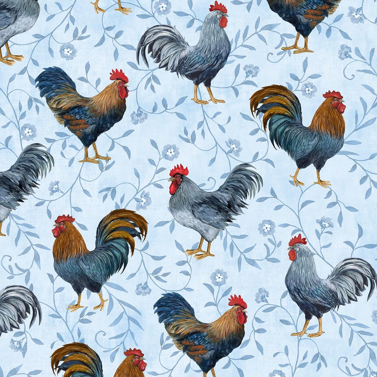 Country Blue Large Roosters in Light Blue- 1/2 Yard Increments, Cut Continuously - by Susan Winget Collection for Wilmington Prints