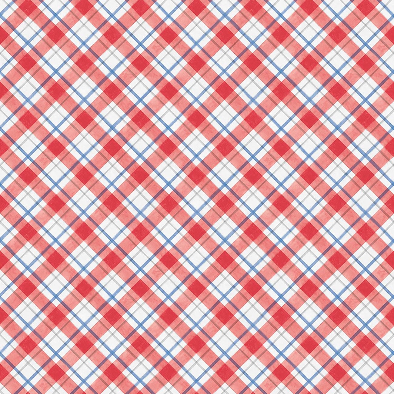 Country Blue Diagonal Plaid in Red and White- 1/2 Yard Increments, Cut Continuously - by Susan Winget Collection for Wilmington Prints