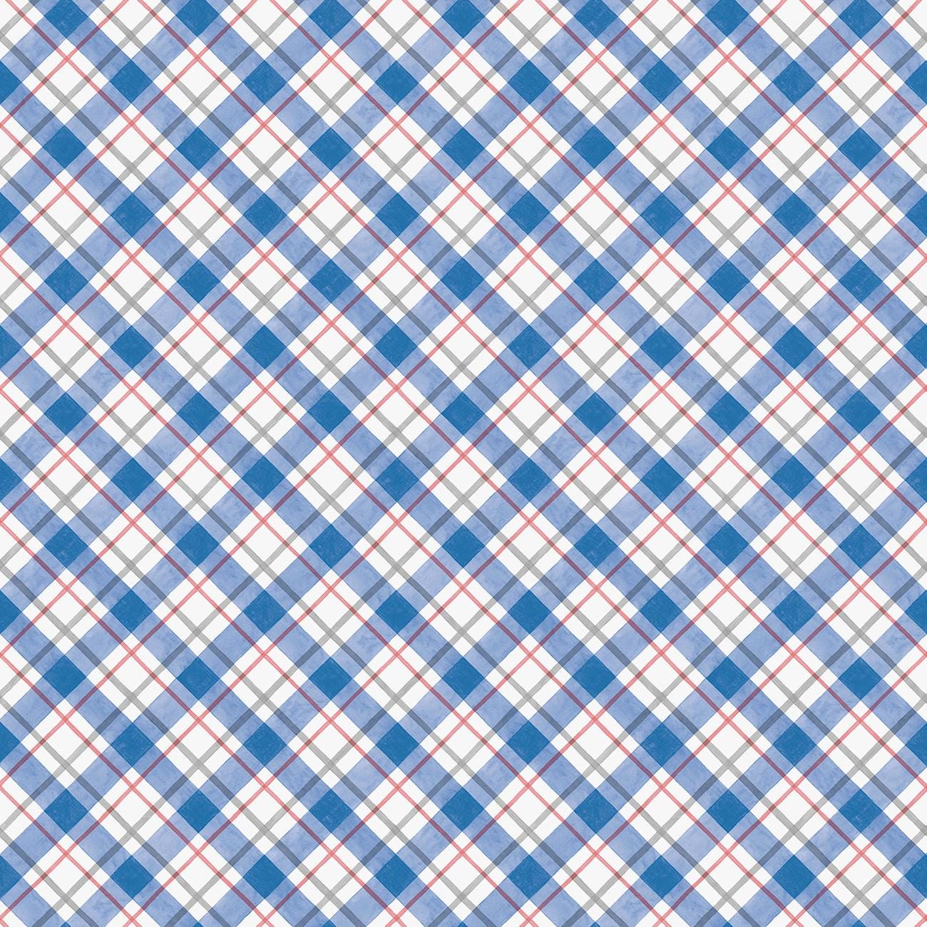 Country Blue Diagonal Plaid in Dark Blue and White- 1/2 Yard Increments, Cut Continuously - by Susan Winget Collection for Wilmington Prints