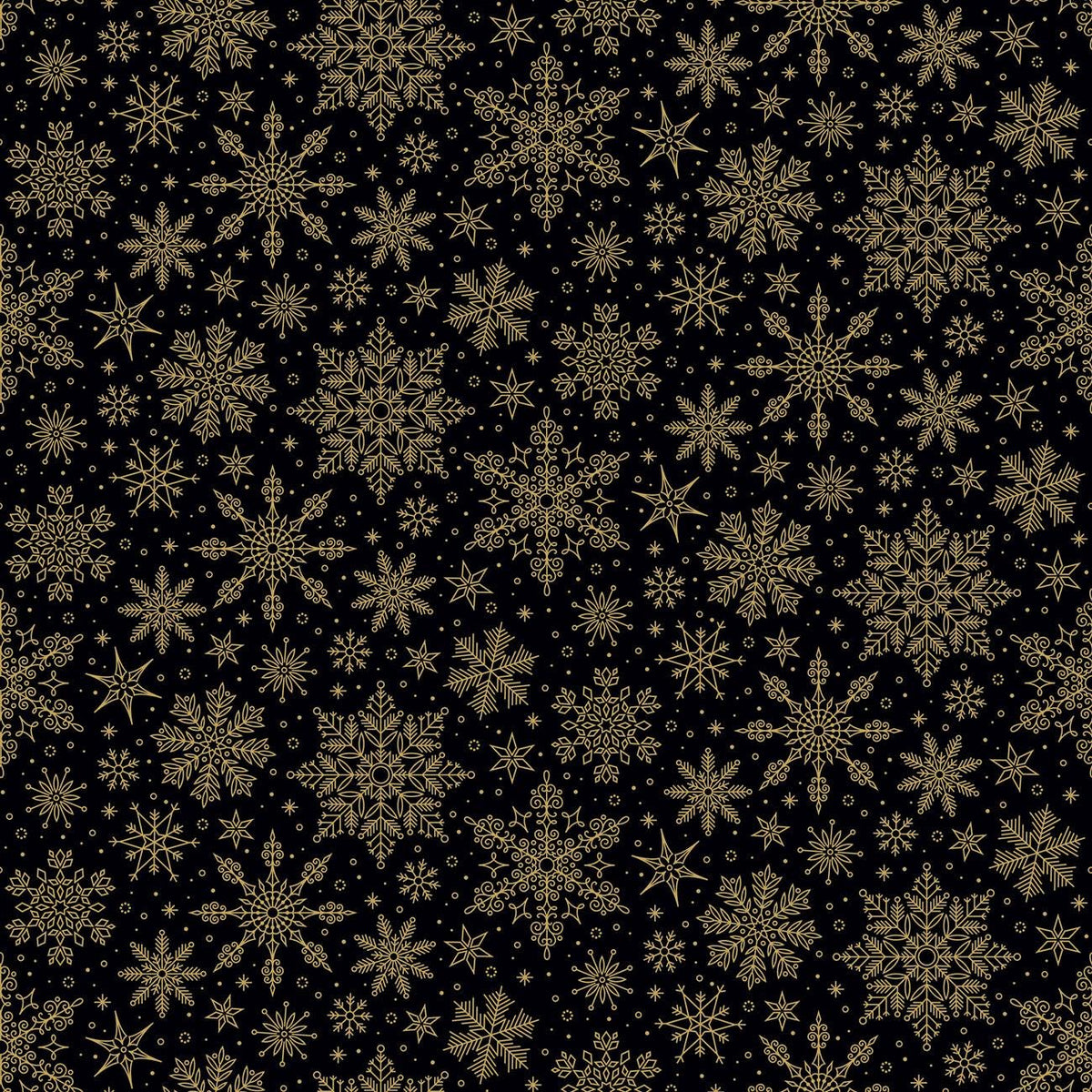 Poinsettias at Christmas Snowflakes in Black Foil- 1/2 Yard Increments, Cut Continuously - by Jennifer Bosworth for Riley Blake Designs