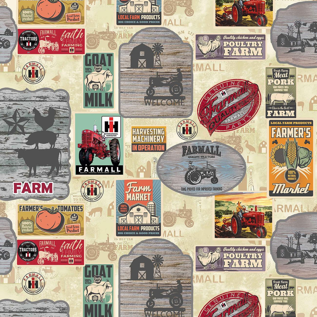Farmall Farm to Table Signs All Over in Cream - 1/2 Yard Increments, Cut Continuously - by Sykel Enterprises