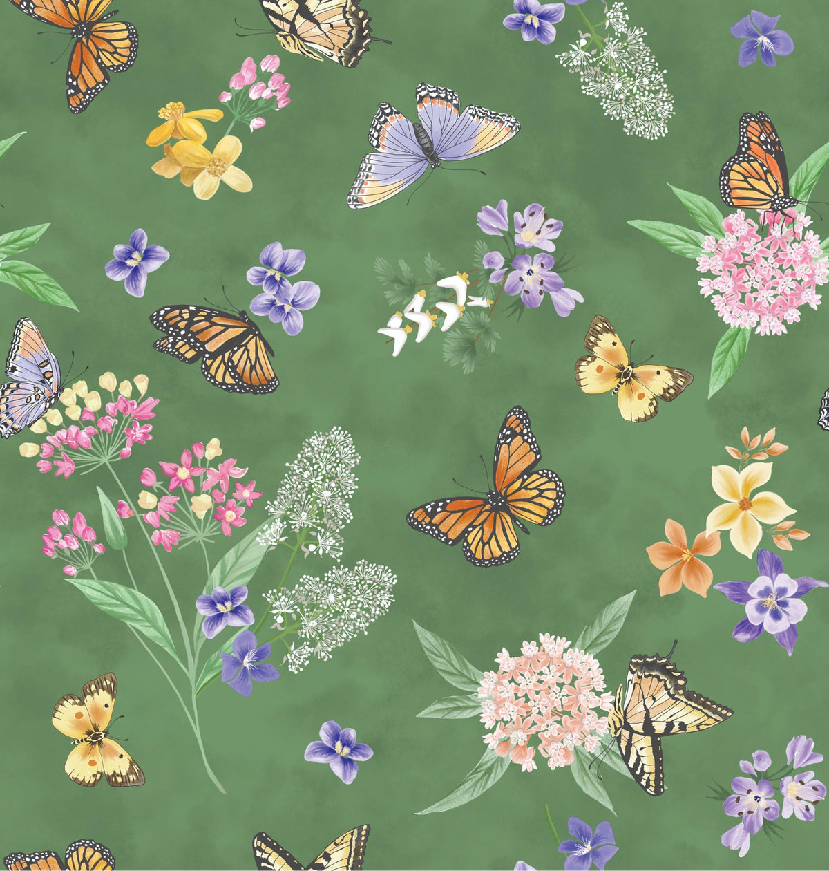 2026 All Illinois Shop Hop Fabric Butterfly Meadow in Green - 1/2 Yard Increments, Cut Continuously - by Benartex Fabrics