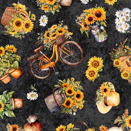 Sunflower Serenade Sunflowers and Bikes in Black - 1/2 Yard Increments, Cut Continuously - by Morris Creative Group for QT Fabrics