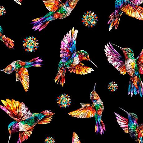 Flight of the Hummingbird Hummingbirds in Black- 1/2 Yard Increments, Cut Continuously - by Morris Creative Group for QT Fabrics