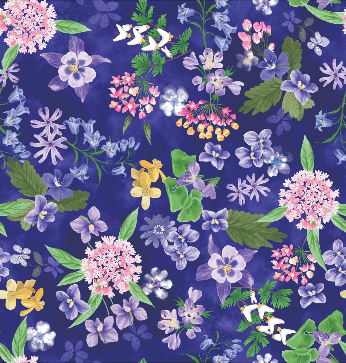 2026 All Illinois Shop Hop Fabric Flowers in Navy - 1/2 Yard Increments, Cut Continuously - by Benartex Fabrics