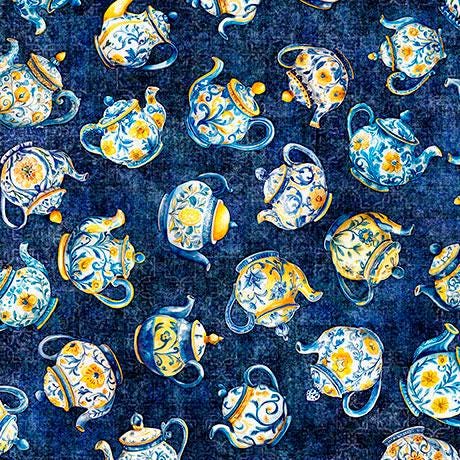 Citrus Bliss Teapots in Navy- 1/2 Yard Increments, Cut Continuously - by Morris Creative Group for QT Fabrics