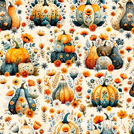 Harvest Hollow Pumpkin Patch in Cream- 1/2 Yard Increments, Cut Continuously - by Morris Creative Group for QT Fabrics