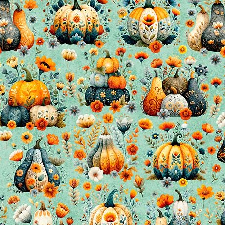 Harvest Hollow Pumpkin Patch in Dusty Aqua- 1/2 Yard Increments, Cut Continuously - by Morris Creative Group for QT Fabrics