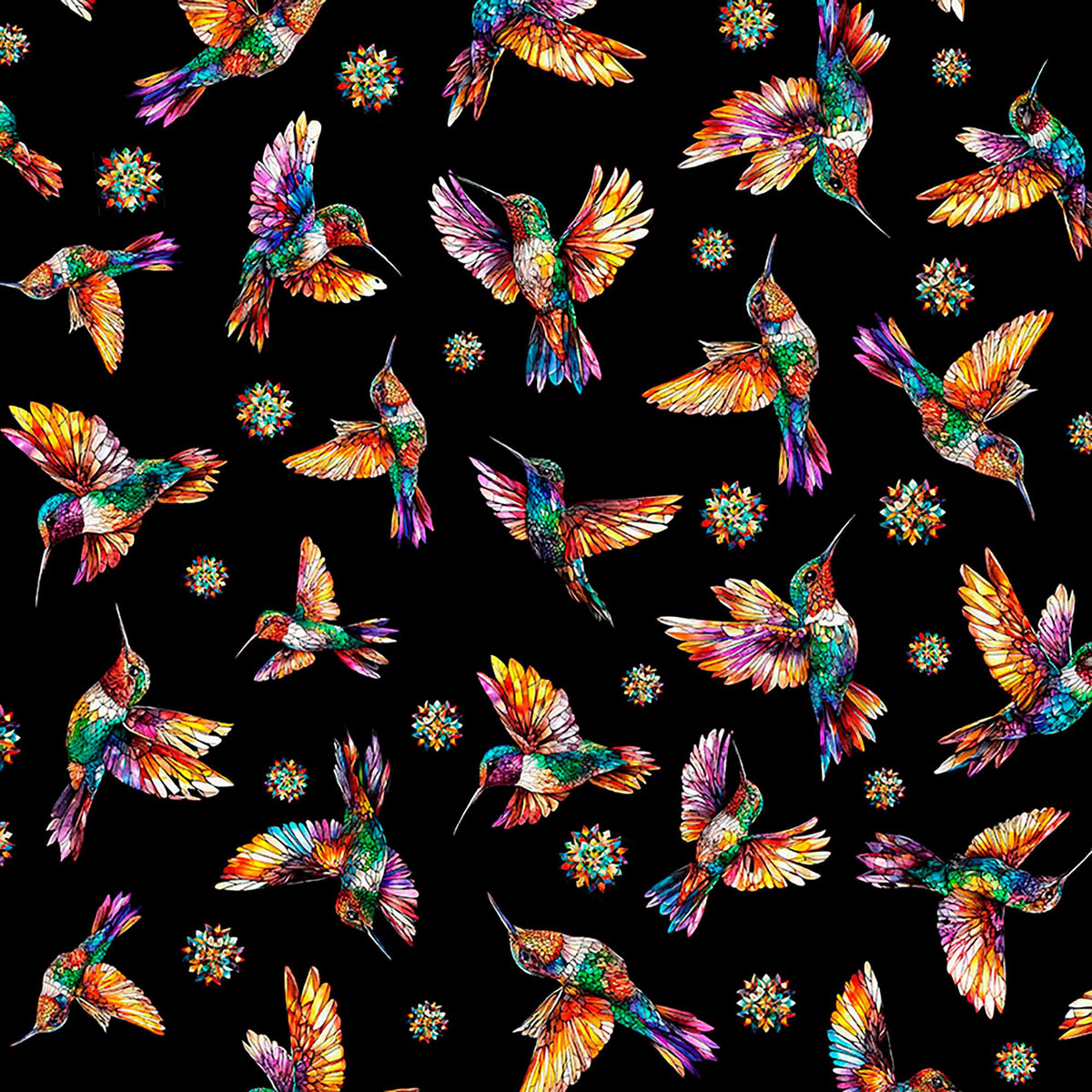 Flight of the Hummingbird Hummingbirds in Black- 1/2 Yard Increments, Cut Continuously - by Morris Creative Group for QT Fabrics
